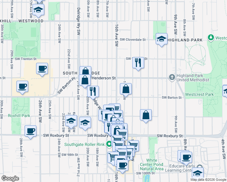 map of restaurants, bars, coffee shops, grocery stores, and more near 9041 16th Avenue Southwest in Seattle