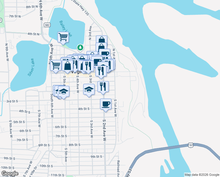map of restaurants, bars, coffee shops, grocery stores, and more near 113 2nd Street South in Virginia