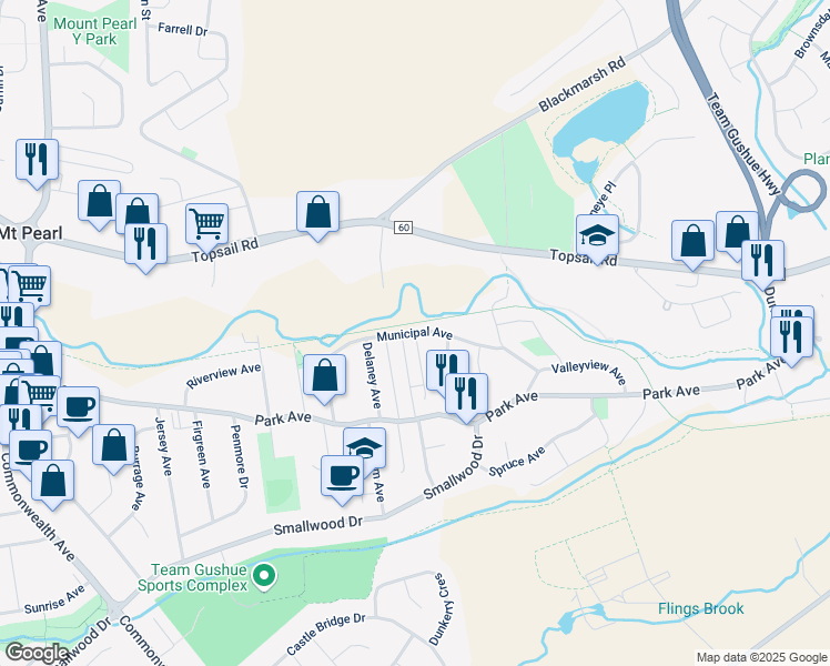 map of restaurants, bars, coffee shops, grocery stores, and more near Municipal Avenue in Mount Pearl