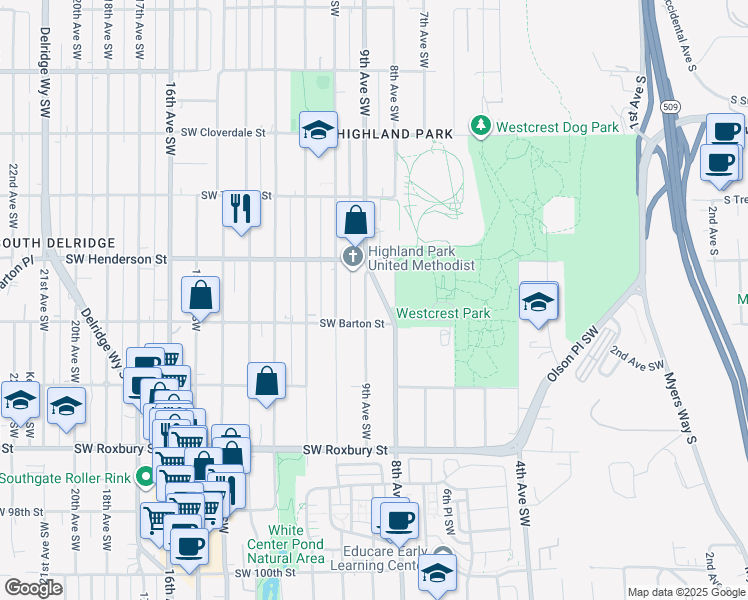 map of restaurants, bars, coffee shops, grocery stores, and more near 9038 9th Avenue Southwest in Seattle