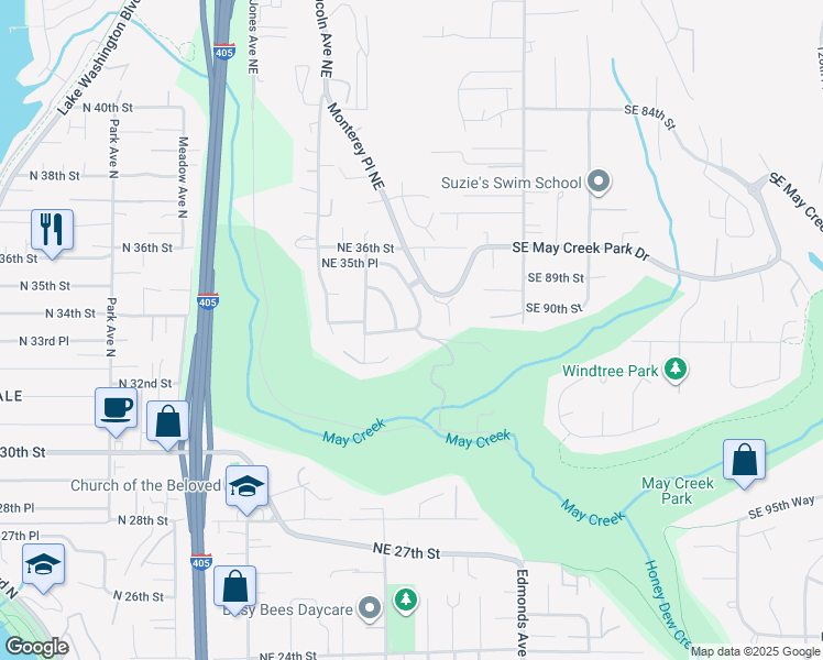 map of restaurants, bars, coffee shops, grocery stores, and more near 2115 Northeast 33rd Place in Renton