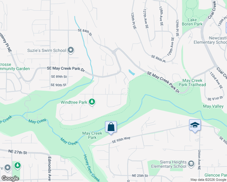 map of restaurants, bars, coffee shops, grocery stores, and more near 12244 Southeast 91st Street in Newcastle
