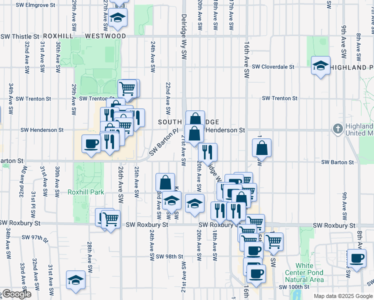 map of restaurants, bars, coffee shops, grocery stores, and more near 9038 21st Avenue Southwest in Seattle