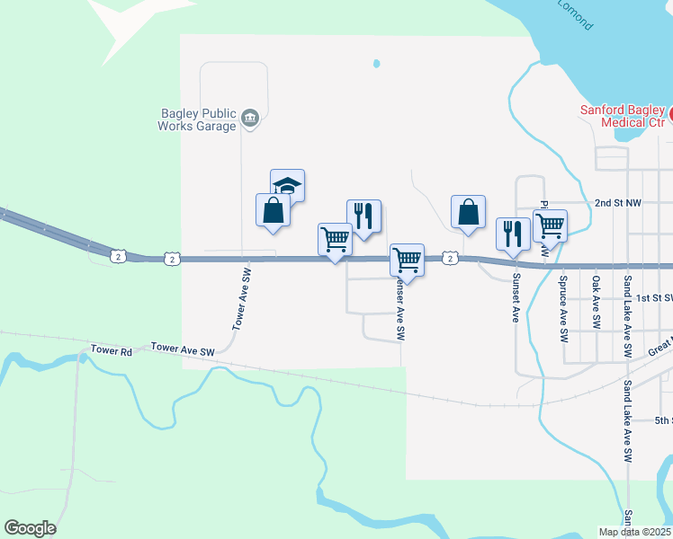 map of restaurants, bars, coffee shops, grocery stores, and more near 1412 Central Street West in Bagley