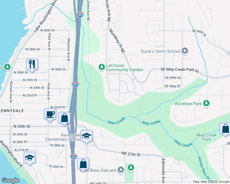 map of restaurants, bars, coffee shops, grocery stores, and more near 3316 Lincoln Avenue Northeast in Renton