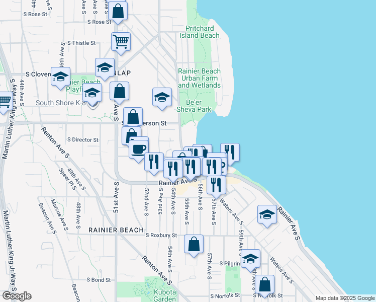 map of restaurants, bars, coffee shops, grocery stores, and more near 9050 Seward Park Avenue South in Seattle