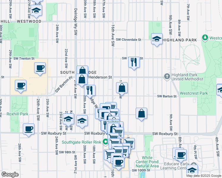 map of restaurants, bars, coffee shops, grocery stores, and more near 9056 16th Avenue Southwest in Seattle
