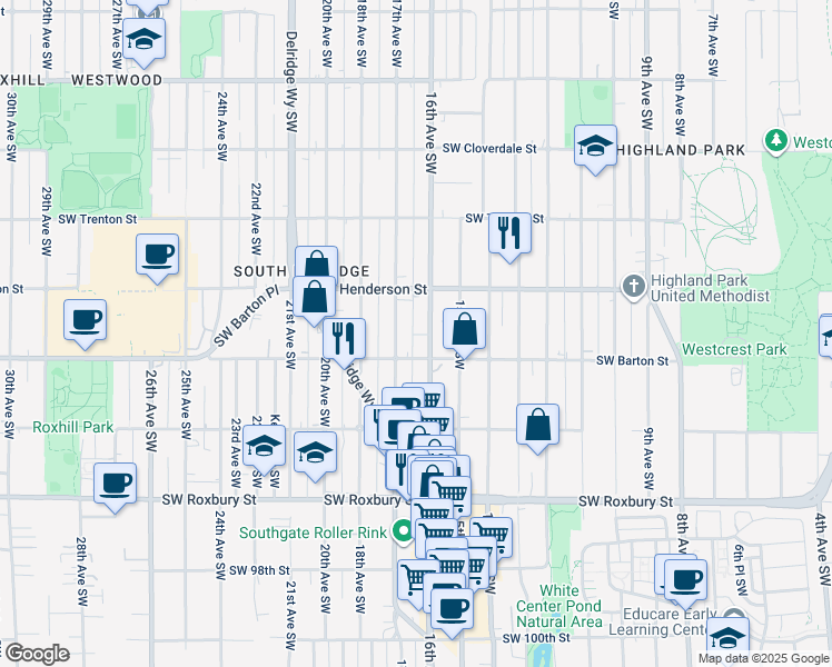 map of restaurants, bars, coffee shops, grocery stores, and more near 9056 16th Avenue Southwest in Seattle