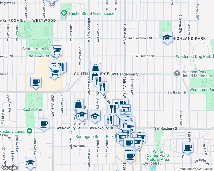map of restaurants, bars, coffee shops, grocery stores, and more near 9049B 18th Avenue Southwest in Seattle