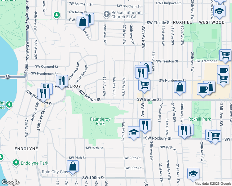 map of restaurants, bars, coffee shops, grocery stores, and more near 9046 38th Avenue Southwest in Seattle