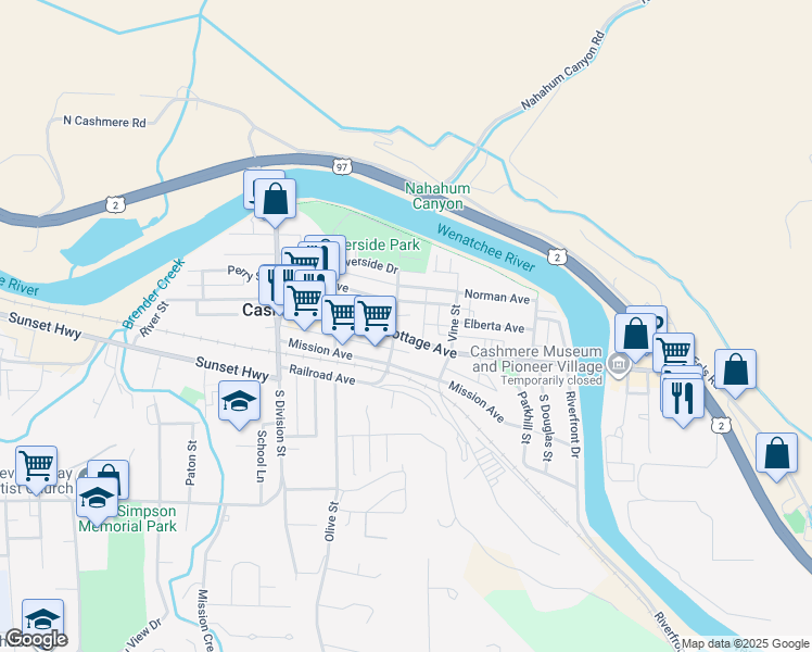 map of restaurants, bars, coffee shops, grocery stores, and more near 303 Cottage Avenue in Cashmere