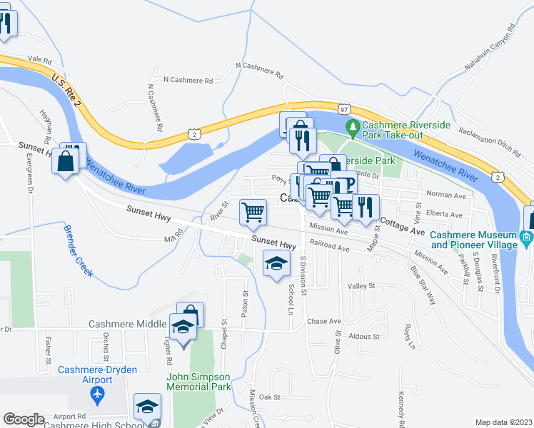 map of restaurants, bars, coffee shops, grocery stores, and more near 219 Independence Way in Cashmere