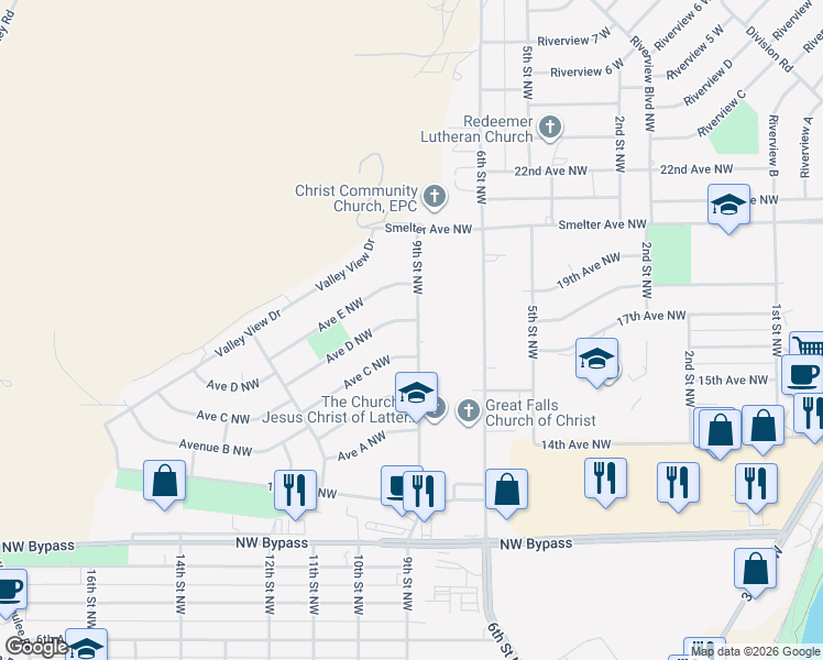 map of restaurants, bars, coffee shops, grocery stores, and more near 900 Avenue D Northwest in Great Falls