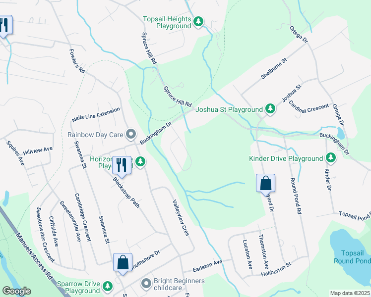 map of restaurants, bars, coffee shops, grocery stores, and more near 17 Blue Spruce Drive in Conception Bay South