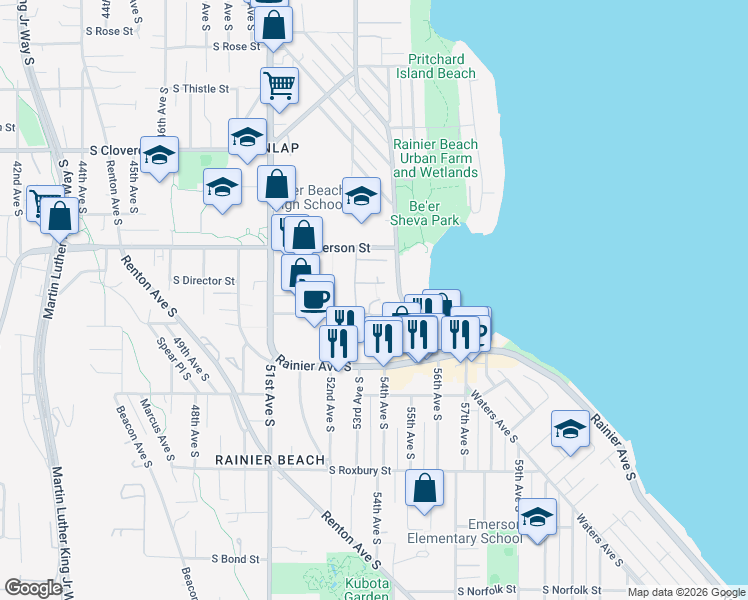 map of restaurants, bars, coffee shops, grocery stores, and more near 9061 Seward Park Avenue South in Seattle