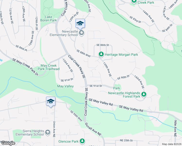 map of restaurants, bars, coffee shops, grocery stores, and more near 13620 Southeast 90th Place in Newcastle