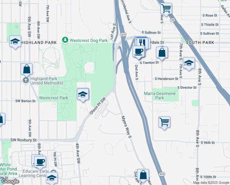 map of restaurants, bars, coffee shops, grocery stores, and more near Myers Way South & Olson Place Southwest in Seattle