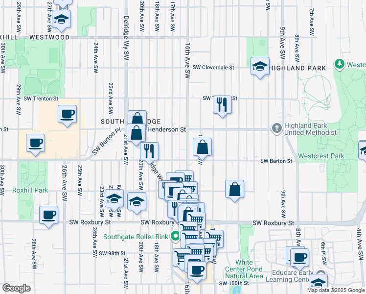 map of restaurants, bars, coffee shops, grocery stores, and more near 9056 16th Avenue Southwest in Seattle
