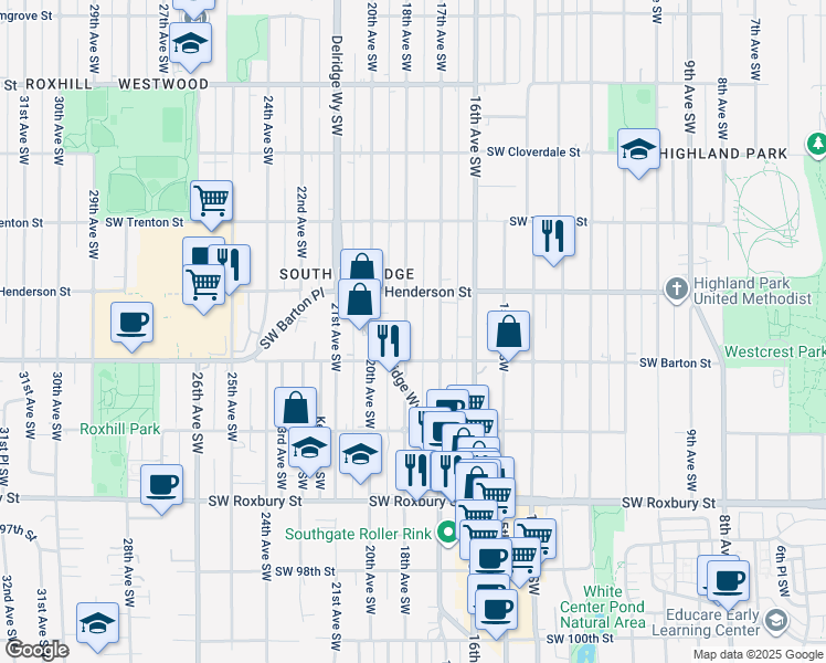 map of restaurants, bars, coffee shops, grocery stores, and more near 9030 18th Avenue Southwest in Seattle