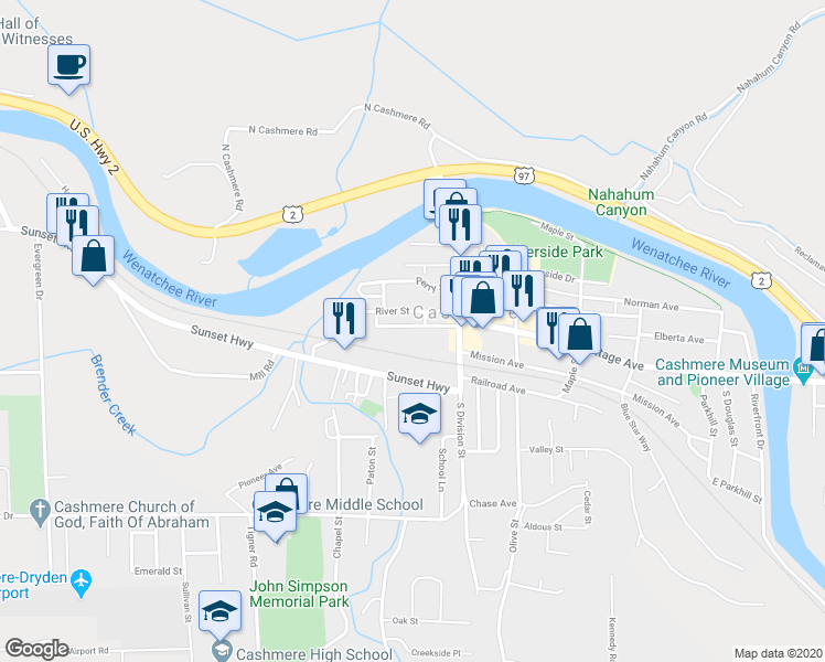 map of restaurants, bars, coffee shops, grocery stores, and more near 227 Independence Way in Cashmere