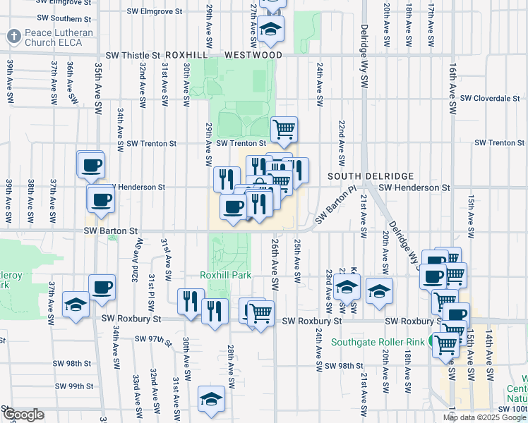 map of restaurants, bars, coffee shops, grocery stores, and more near 2800 Southwest Barton Street in Seattle