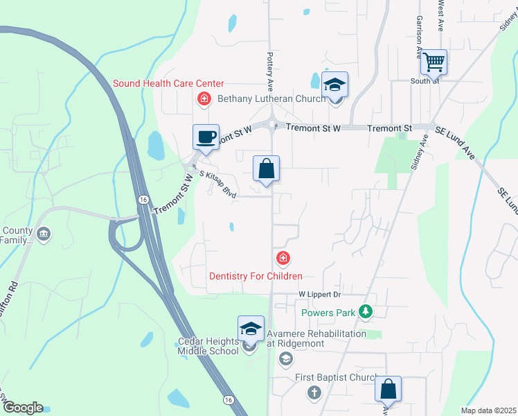 map of restaurants, bars, coffee shops, grocery stores, and more near 300 South Kitsap Boulevard in Port Orchard