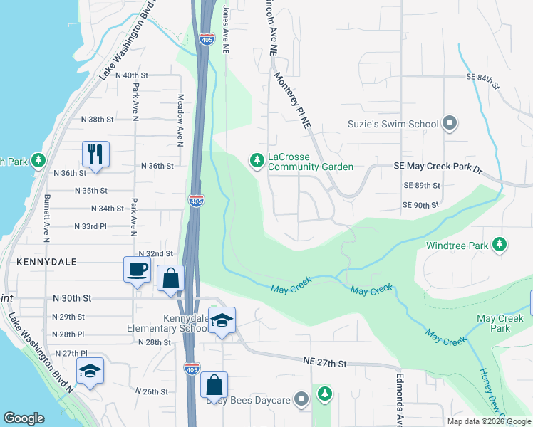 map of restaurants, bars, coffee shops, grocery stores, and more near 3311 Lincoln Avenue Northeast in Renton