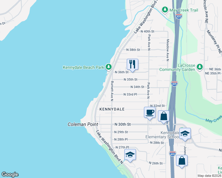 map of restaurants, bars, coffee shops, grocery stores, and more near 908 North 33rd Place in Renton