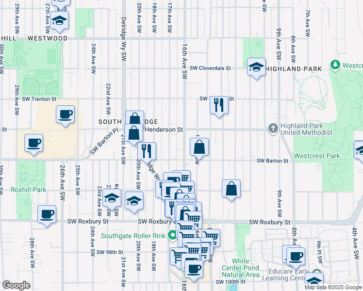 map of restaurants, bars, coffee shops, grocery stores, and more near 9056 16th Avenue Southwest in Seattle