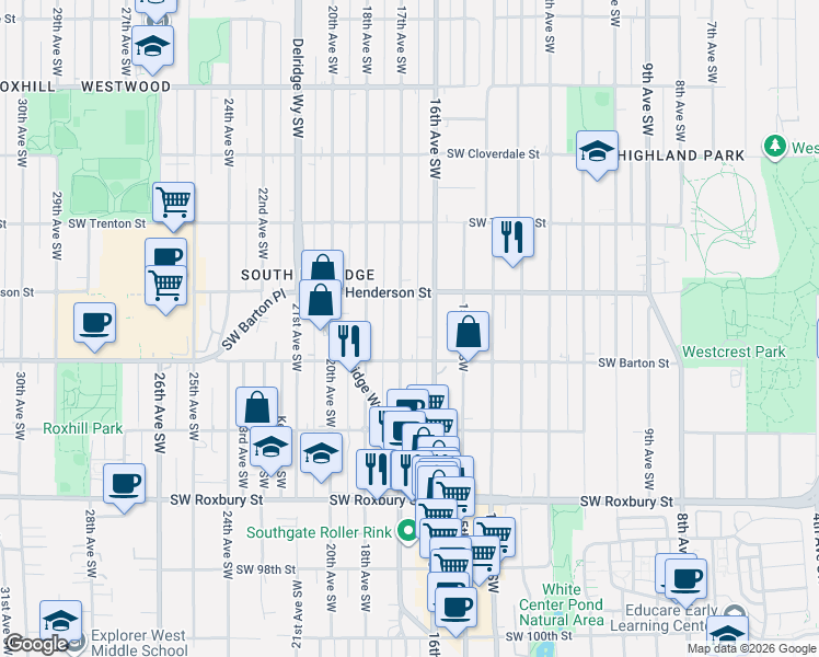 map of restaurants, bars, coffee shops, grocery stores, and more near 9050 17th Avenue Southwest in Seattle