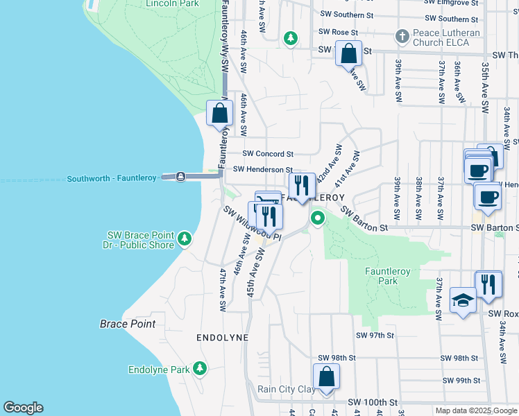 map of restaurants, bars, coffee shops, grocery stores, and more near 4604 Southwest Wildwood Place in Seattle