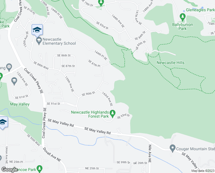 map of restaurants, bars, coffee shops, grocery stores, and more near 14423 Southeast 89th Place in Newcastle