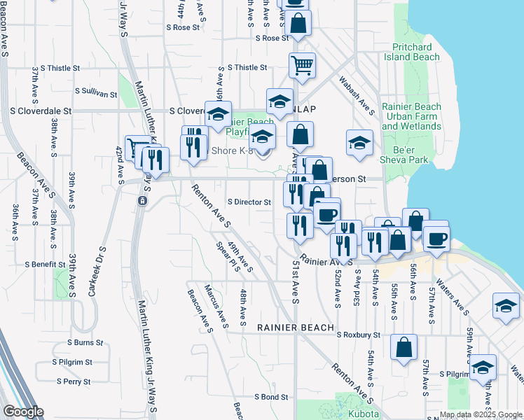 map of restaurants, bars, coffee shops, grocery stores, and more near 9128 48th Avenue South in Seattle