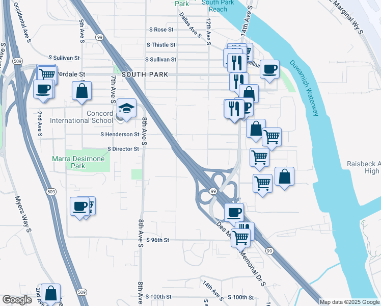 map of restaurants, bars, coffee shops, grocery stores, and more near 9120 10th Avenue South in Seattle