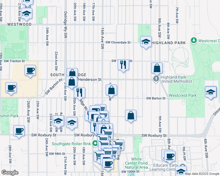 map of restaurants, bars, coffee shops, grocery stores, and more near 9042 15th Avenue Southwest in Seattle
