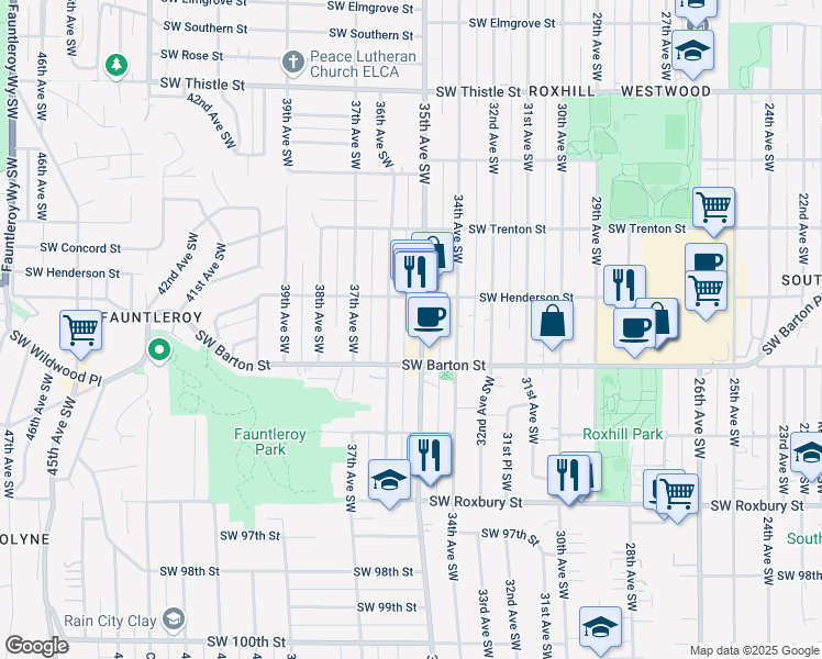 map of restaurants, bars, coffee shops, grocery stores, and more near 9046 36th Avenue Southwest in Seattle