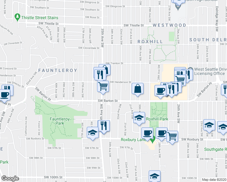 map of restaurants, bars, coffee shops, grocery stores, and more near 9026 34th Avenue Southwest in Seattle