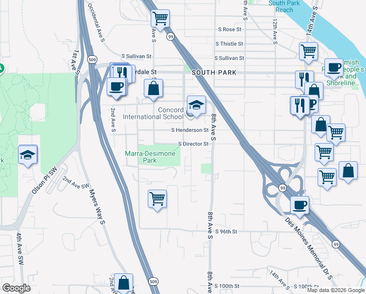 map of restaurants, bars, coffee shops, grocery stores, and more near 9124 7th Avenue South in Seattle