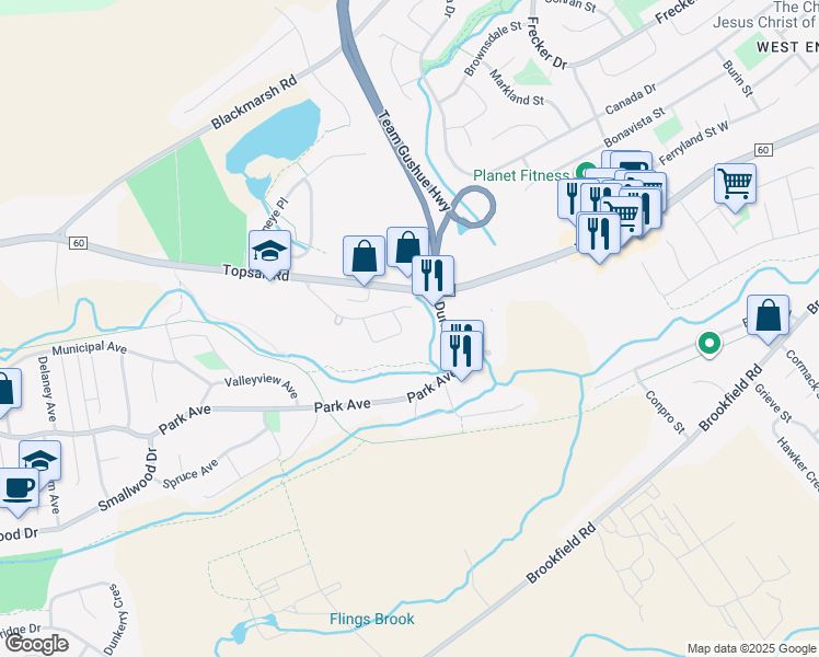 map of restaurants, bars, coffee shops, grocery stores, and more near 47 Clover Brae Crescent in Mount Pearl