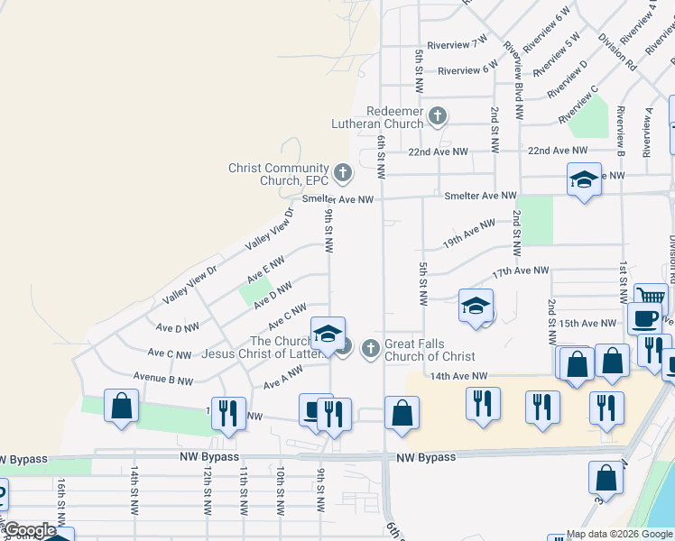 map of restaurants, bars, coffee shops, grocery stores, and more near 900 Avenue D Northwest in Great Falls