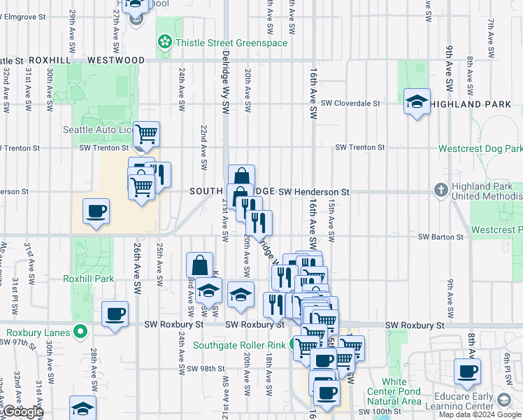 map of restaurants, bars, coffee shops, grocery stores, and more near 9049B 18th Avenue Southwest in Seattle