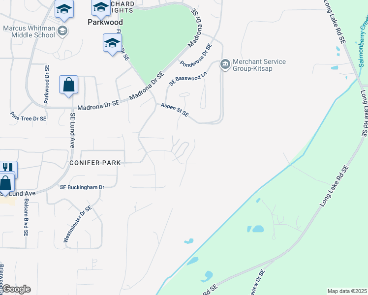 map of restaurants, bars, coffee shops, grocery stores, and more near 4647 Southeast Conifer Park Drive in Port Orchard