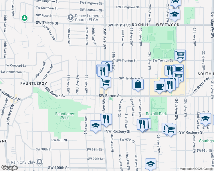 map of restaurants, bars, coffee shops, grocery stores, and more near 9043 34th Avenue Southwest in Seattle