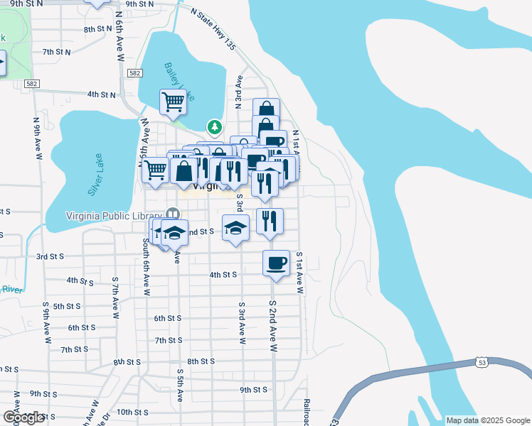map of restaurants, bars, coffee shops, grocery stores, and more near 209 2nd Street South in Virginia