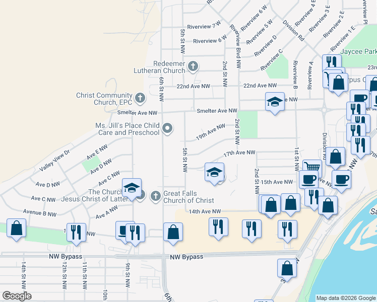 map of restaurants, bars, coffee shops, grocery stores, and more near 1704 5th Street Northwest in Great Falls