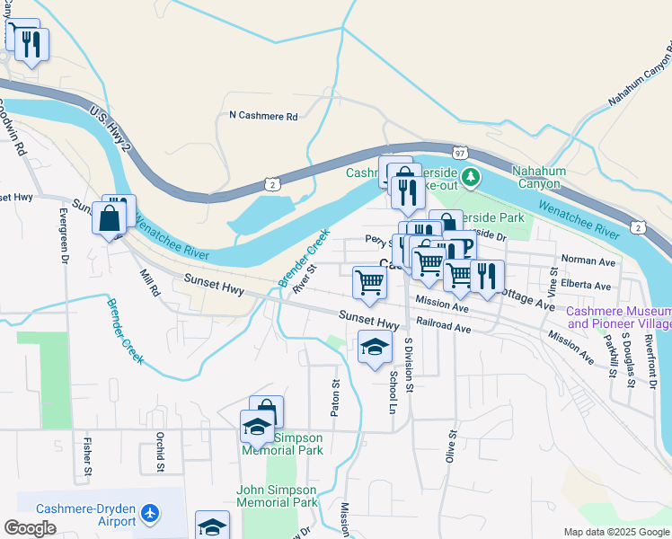 map of restaurants, bars, coffee shops, grocery stores, and more near 346 Sunset Highway in Cashmere