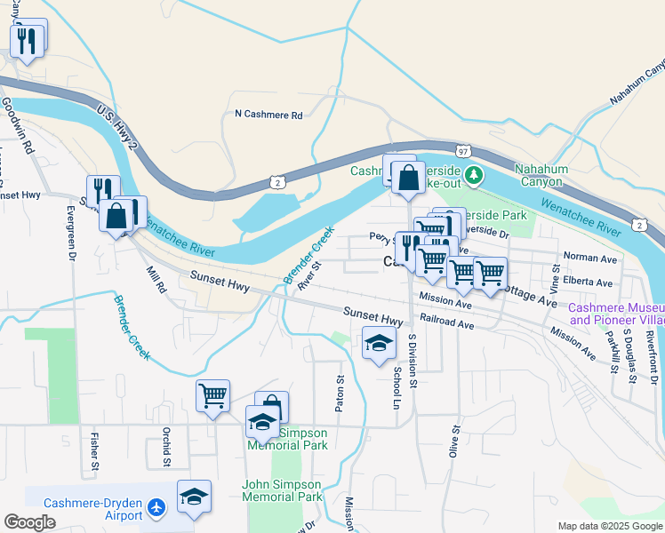 map of restaurants, bars, coffee shops, grocery stores, and more near 346 Sunset Highway in Cashmere