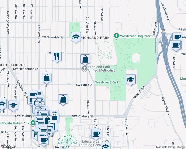 map of restaurants, bars, coffee shops, grocery stores, and more near 9049 Henderson Place Southwest in Seattle