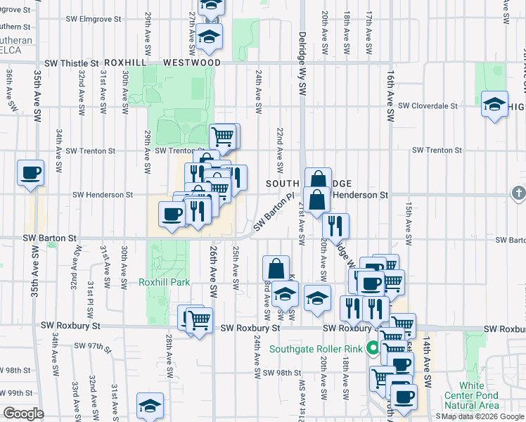 map of restaurants, bars, coffee shops, grocery stores, and more near 2200 Southwest Barton Street in Seattle