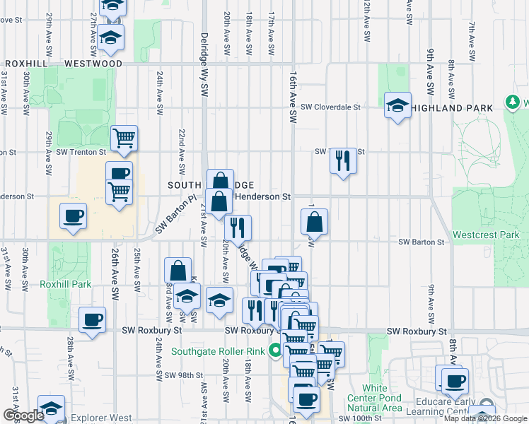map of restaurants, bars, coffee shops, grocery stores, and more near 9050 17th Avenue Southwest in Seattle